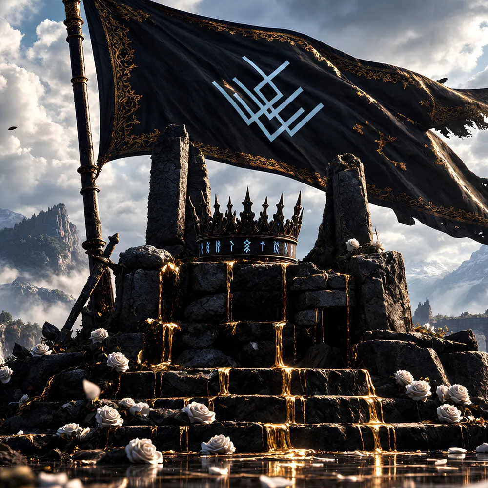 Capa do álbum The Fallen Crown, de Nox Varek: uma coroa negra com runas azuis sobre um altar de pedra em ruínas, ouro derretido nos degraus, rosas brancas e o estandarte do sigilo