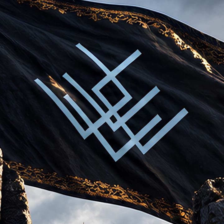 The black banner with the Nøx Varek sigil and gold embroidery
