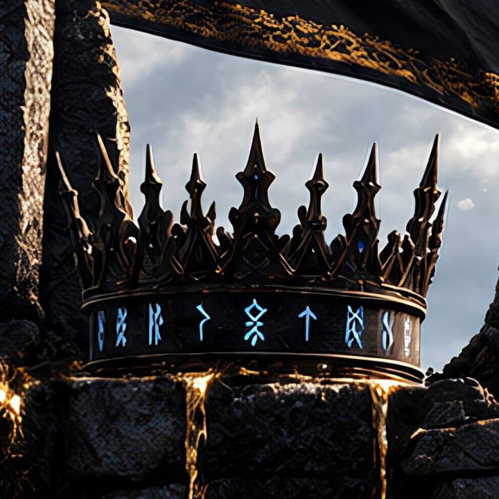 The black crown of The Fallen Crown with glowing runes on its band