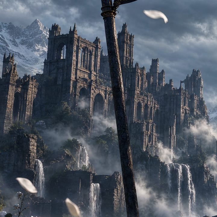 A ruined castle among mountains and waterfalls