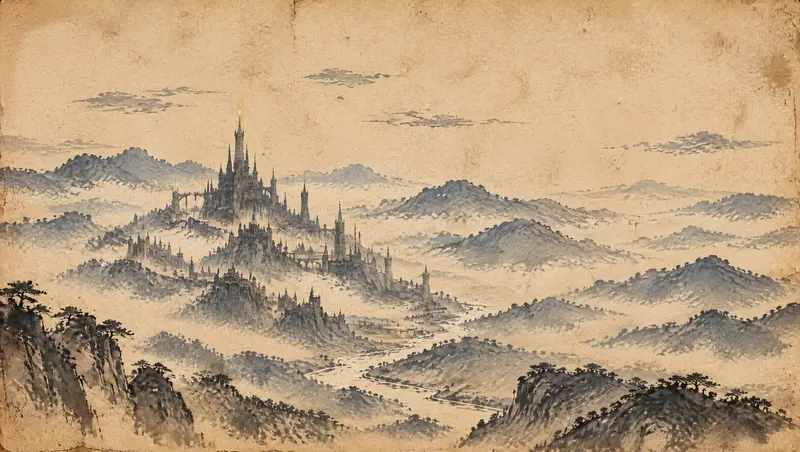 Nox Varek, clipe de The Last Oath, cena 1: o reino na página. Um pergaminho vazio se enche de nanquim: montanhas, névoa e uma cidadela ao longe. Todo o mundo de The Fallen Crown começa como um desenho.