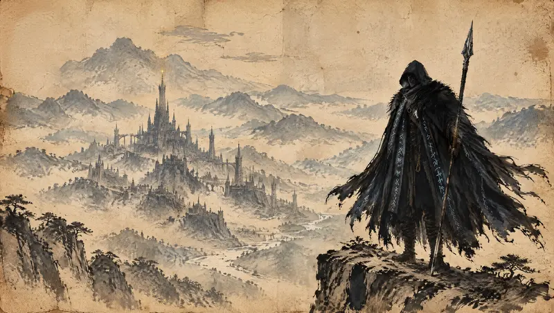 Nox Varek, clipe de The Last Oath, cena 2: o andarilho no penhasco. O andarilho de Nox Varek está na beira de um penhasco com sua lança, olhando para o reino que decidiu tomar. Ele é sempre visto de costas.