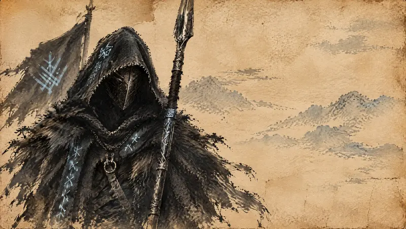 Nox Varek, clipe de The Last Oath, cena 3: a máscara e a runa. O rosto encapuzado atrás de uma máscara de metal gravada, runas brilhando no manto, o estandarte do sigilo atrás dele. Aqui o título aparece com ᛏ Tiwaz, a runa do juramento.