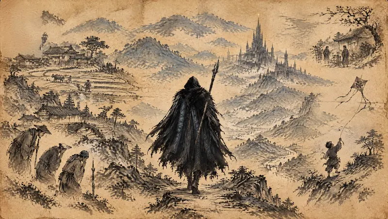 Nox Varek, clipe de The Last Oath, cena 4: a estrada pelas vilas. Ele desce por vilas em terraços. Camponeses se curvam quando ele passa e uma criança empina uma pipa. Ele nunca olha para eles, só para a torre à frente.