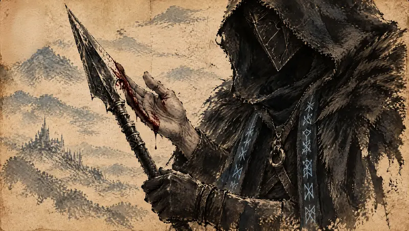 Nox Varek, clipe de The Last Oath, cena 6: o corte. Ele abre a palma da mão na lâmina da lança. O juramento será selado com sangue, como Týr, que deu a própria mão para cumprir sua palavra.