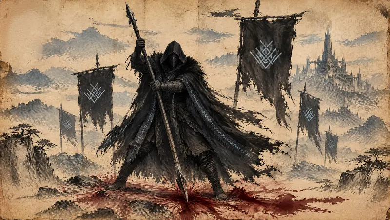 Nox Varek, clipe de The Last Oath, cena 7: o último juramento. Logo depois que uma gota de sangue cai no segundo de silêncio da música, a lança golpeia o chão, o sangue se espalha pela página e os estandartes se erguem ao redor dele.