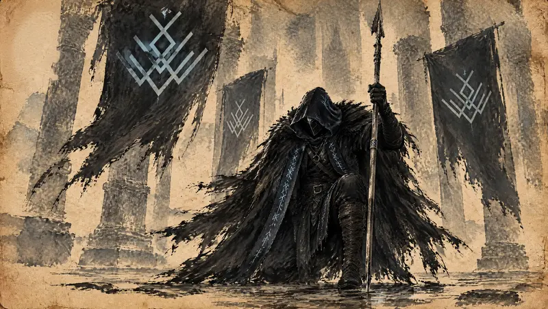 Nox Varek, clipe de The Last Oath, cena 8: de joelhos no salão. Ele se ajoelha entre pilares antigos, sob os estandartes do sigilo, segurando a lança. O juramento está feito; agora precisa ser cumprido.