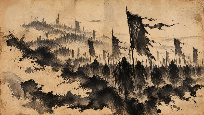 Nox Varek, clipe de The Last Oath, cena 9: exércitos de nanquim. Na batida mais pesada da música até ali, exércitos explodem de manchas de nanquim, com estandartes e lanças surgindo das manchas.