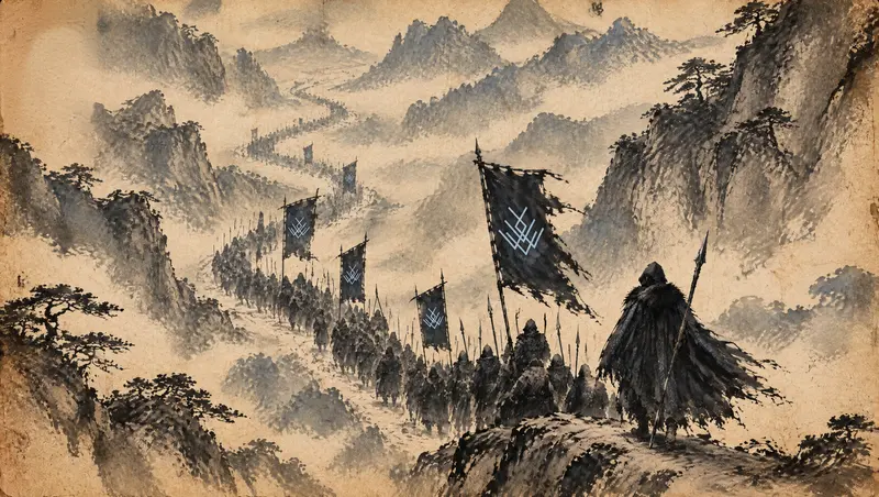 Nox Varek, clipe de The Last Oath, cena 10: a marcha pelo desfiladeiro. Um rio de soldados serpenteia pelo vale como uma única pincelada, com o andarilho de Nox Varek à frente.
