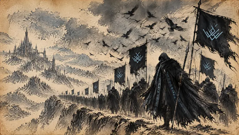 Nox Varek, clipe de The Last Oath, cena 11: sob os corvos. Corvos circulam sobre a marcha. Atrás do exército, as vilas vão sendo apagadas da página, e ele não se vira.