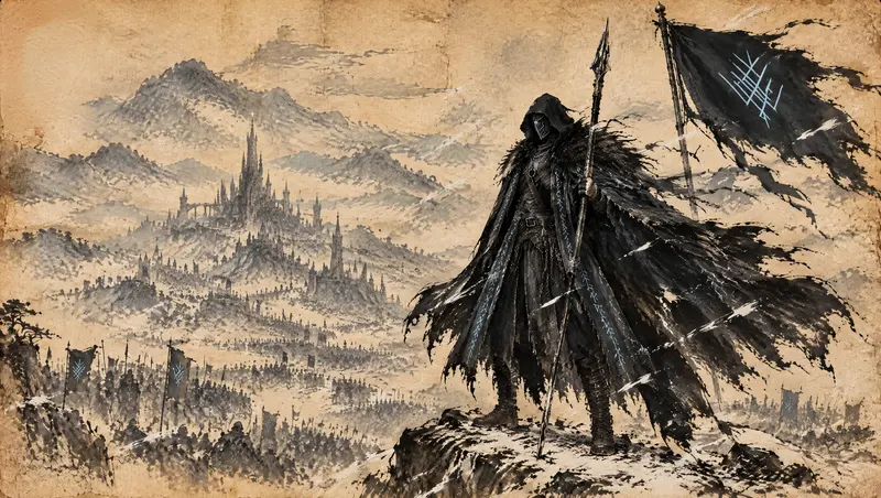 Nox Varek, clipe de The Last Oath, cena 13: a guerra começa. Na batida que abre a parte mais forte da música, ele se ergue acima do exército com o estandarte ao vento.