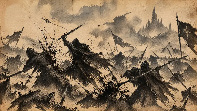 Nox Varek, clipe de The Last Oath, cena 14: o choque. A batalha é pintada em pinceladas. Cada golpe é um respingo de nanquim.
