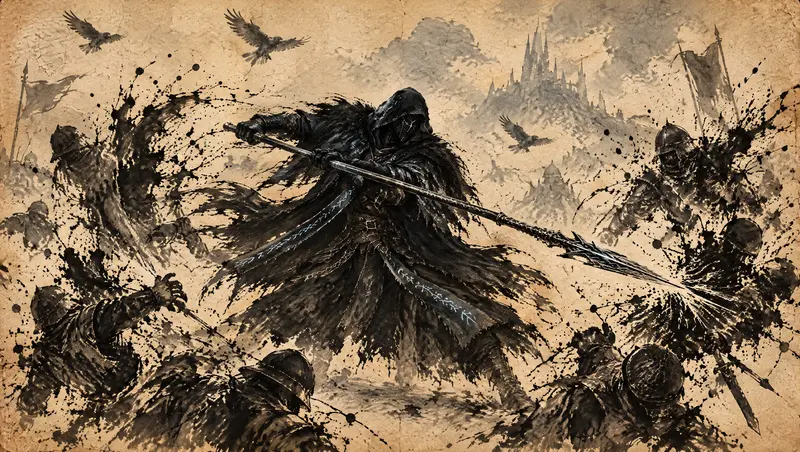 Nox Varek, clipe de The Last Oath, cena 15: o golpe. O andarilho atravessa as linhas inimigas com a lança em uma explosão de nanquim.