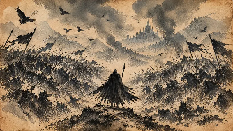 Nox Varek, clipe de The Last Oath, cena 16: sozinho no campo. Quando o nanquim assenta, ele está sozinho no meio do campo de batalha, com os estandartes quebrados e corvos no céu. Então vêm as três batidas secas da música: os corvos em nanquim, o lobo, a escadaria.