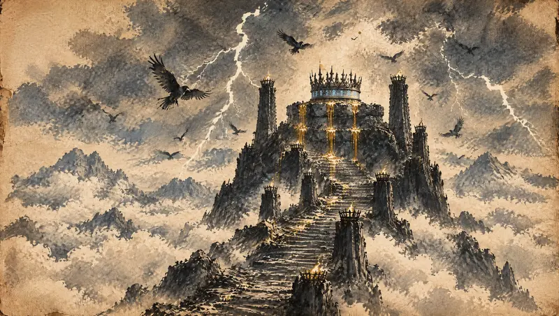 Nox Varek, clipe de The Last Oath, cena 18: a coroa na tempestade. A cidadela no topo do mundo, a coroa acima dela, raios e corvos ao redor, ouro escorrendo pelos degraus.