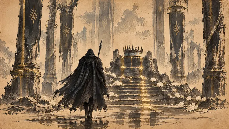 Nox Varek, clipe de The Last Oath, cena 22: a caminhada até a coroa. Ele atravessa o salão alagado em direção à coroa, com o manto se arrastando sobre a pedra.