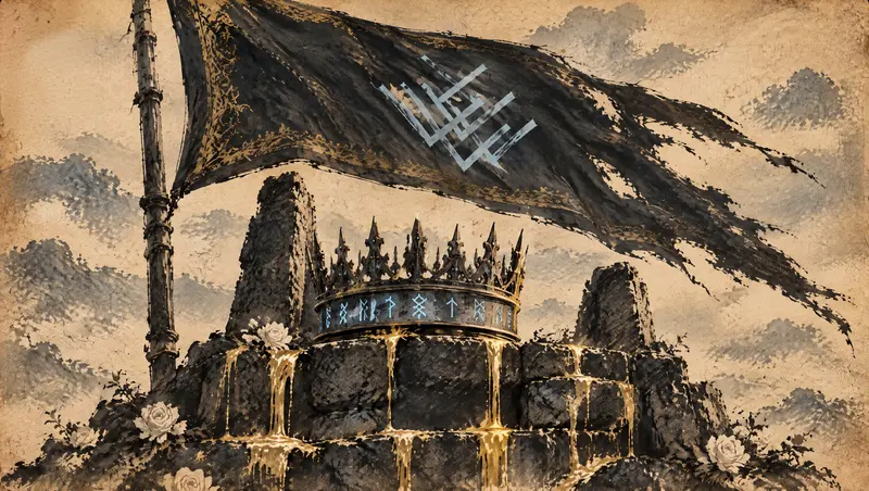 Nox Varek, clipe de The Last Oath, cena 23: a coroa. A coroa de perto: ferro negro, runas azuis, ouro escorrendo. A única coisa para a qual ele olhou desde o penhasco.