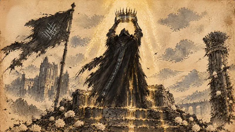 Nox Varek, clipe de The Last Oath, cena 24: erguendo a coroa. No auge da música, ele ergue a coroa acima do altar em uma coluna de luz. Ele a segura no alto, mas não a coloca.