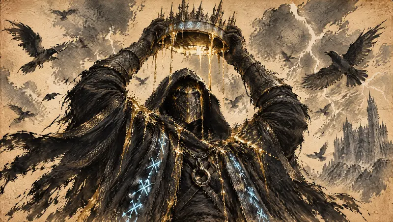 Nox Varek, clipe de The Last Oath, cena 25: o ápice. O rosto mascarado sob a coroa erguida, ouro pingando no capuz, corvos e raios ao redor. O ponto mais alto da confiança, da ambição e da esperança, e o último momento antes da queda.