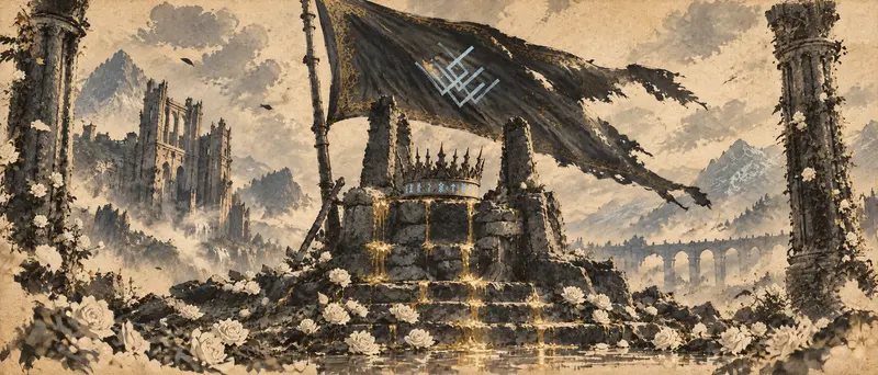 Nox Varek, clipe de The Last Oath, cena 26: a lenda vira capa. A última página do manuscrito é a capa do álbum pintada em nanquim. Uma mancha de tinta a transforma na capa real de The Fallen Crown.