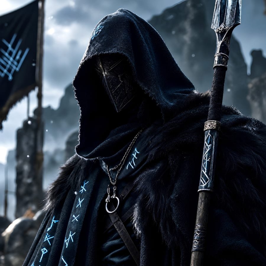 O guerreiro encapuzado de perto: uma máscara de metal gravada na sombra do capuz, um manto de pele preta, runas brilhando em azul ao longo da capa, uma lança ao lado e o estandarte de Nøx Varek atrás dele.