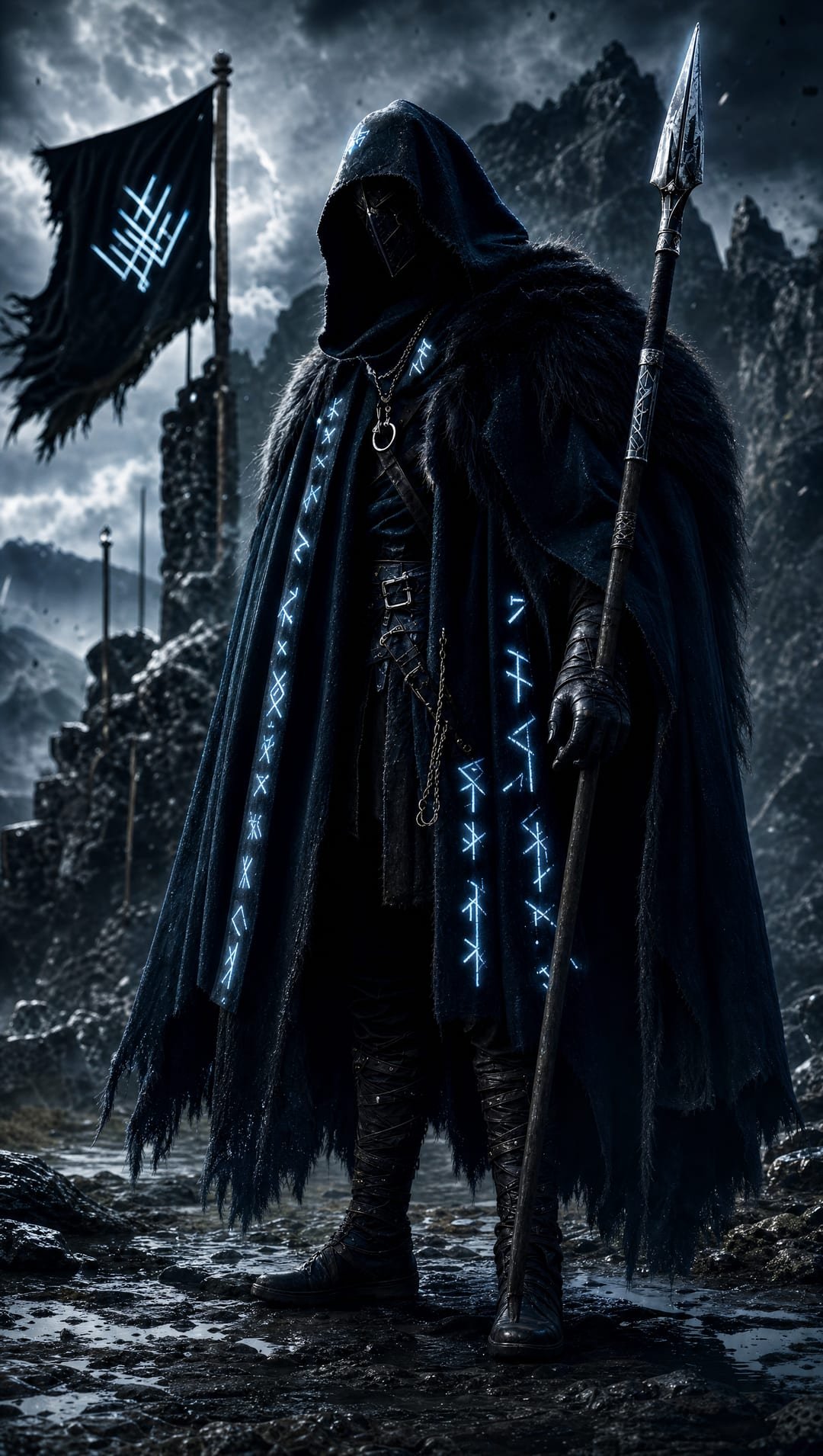 The hooded wanderer of Nøx Varek, full body: a masked face in the shadow of the hood, a ring hanging on a chain, a black fur mantle, runes glowing along the cloak and a spear held upright.